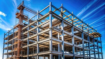Metal framework of a modern high-rise building under construction, with iron beams and girders forming the skeletal structure against a clear blue sky.