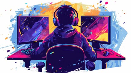 Obraz premium A man is sitting in front of two computer monitors, wearing headphones