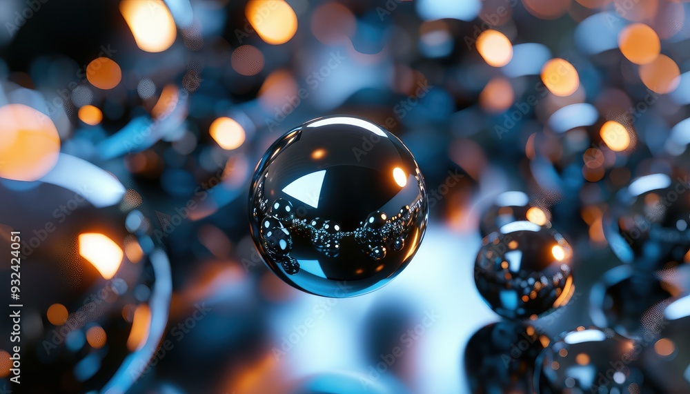 Poster a mesmerizing collection of reflective spheres surrounded by vibrant lights, creating a stunning vis