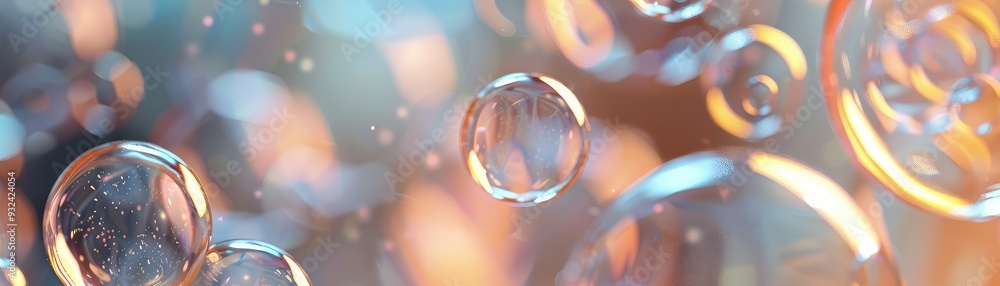 Poster a mesmerizing display of colorful bubbles floating against a soft blurred background, ideal for evok