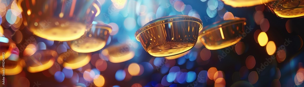Poster a mesmerizing display of golden cups reflecting vibrant lights, creating a captivating atmosphere an