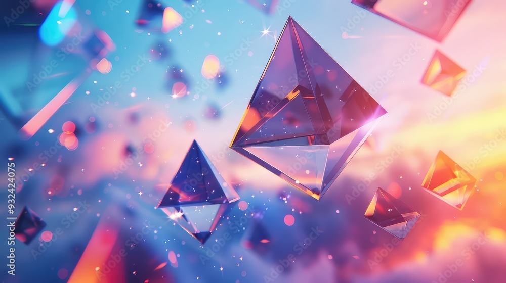 Poster a mesmerizing display of floating crystal pyramids against a vibrant sunset backdrop, radiating colo