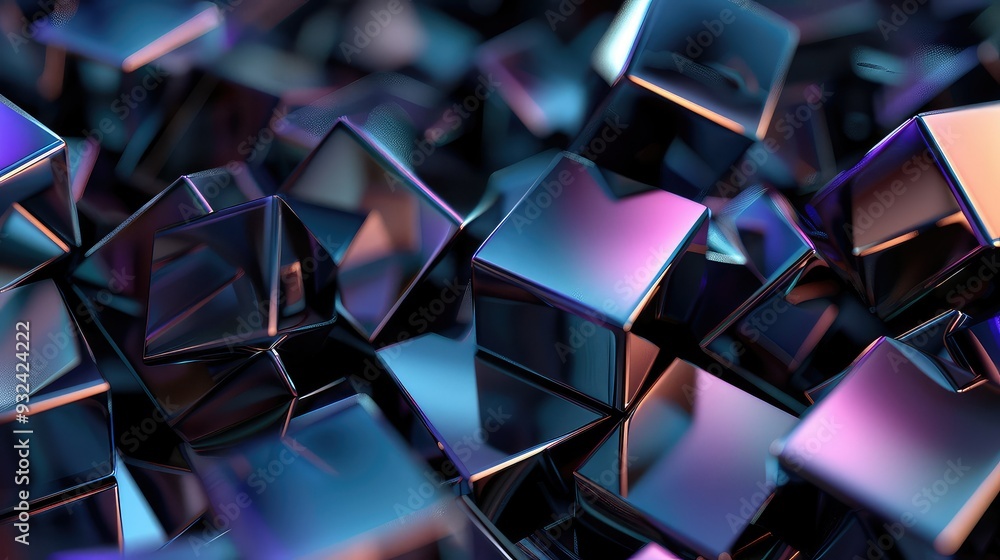 Poster a stunning close-up of glossy, multicolored cubes reflecting light, creating an abstract and modern 