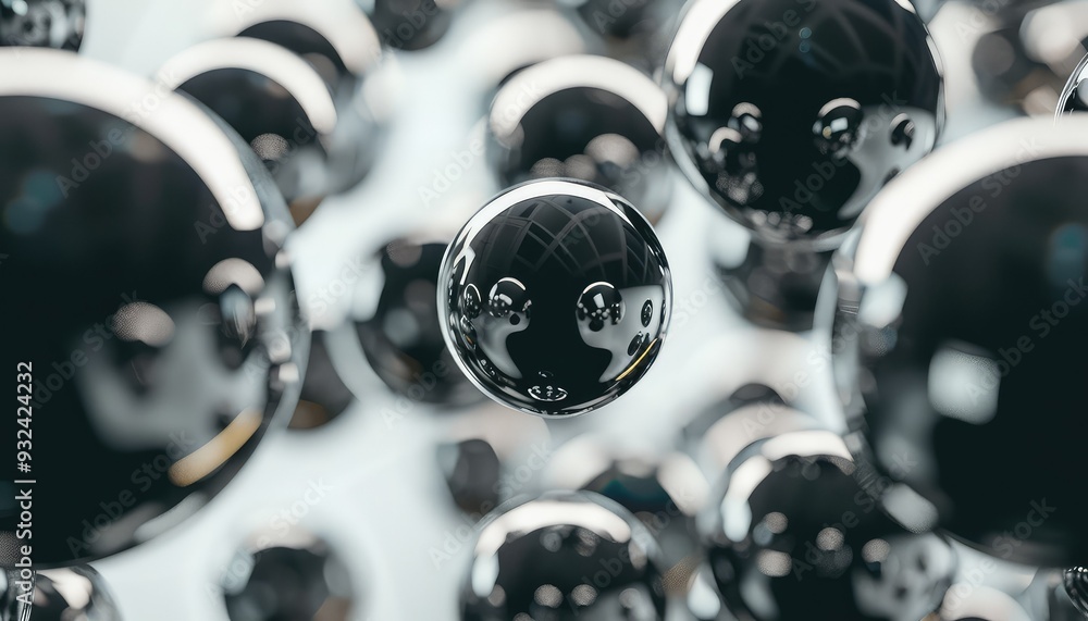 Poster a stunning close-up of reflective black spheres against a soft background, creating a mesmerizing vi