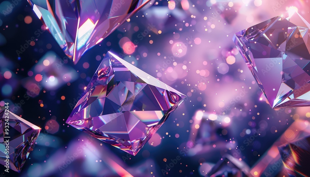 Poster a stunning collection of floating crystals illuminated by vibrant lights, creating a magical and mes