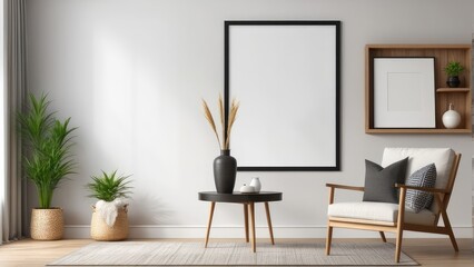 interior poster mockup with vertical wooden frame in home interior background