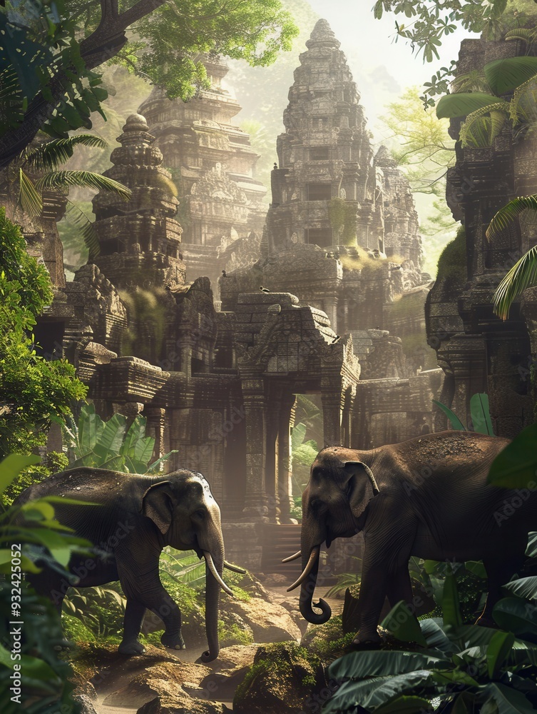 Aufkleber Elephants stroll amid towering ancient temple ruins enveloped in a dense jungle during the golden hour, with soft light filtering through the trees. Generative AI