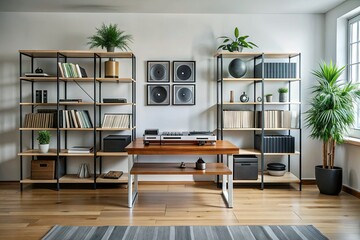 Minimalist interior features a sleek synthesizer on a low-profile table, surrounded by a floor-to-ceiling shelving unit storing vinyl records and stylish decorative objects.