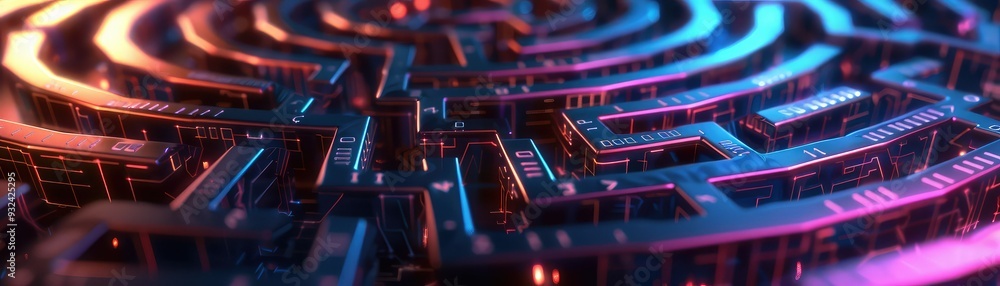 Poster a vibrant, modern maze design with glowing neon lights, showcasing intricate patterns and a mesmeriz