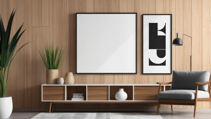 interior poster mockup with vertical wooden frame in home interior background