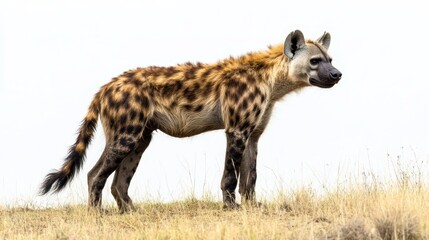 A hyena standing on dry grass in the African savanna at dusk