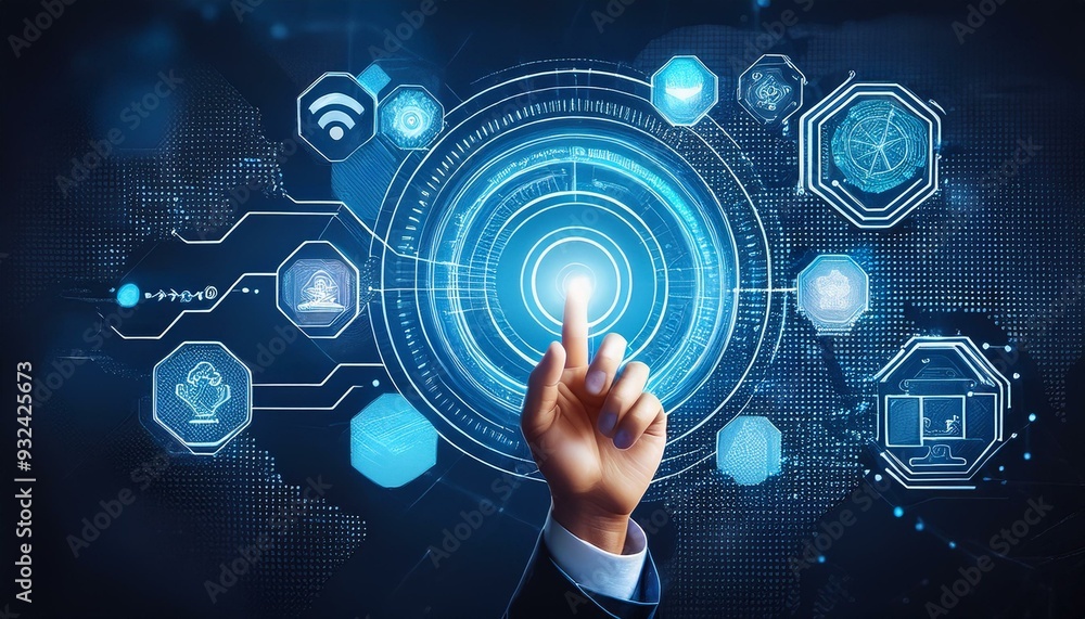 Poster technology industry concept, futuristic virtual graphic touch user interface on screen with internet