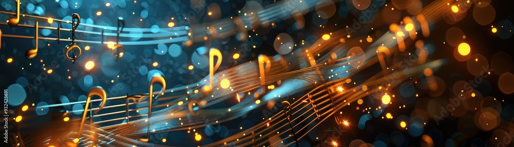 Poster a vibrant representation of musical notes and colorful bokeh lights, creating a lively atmosphere pe
