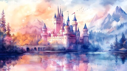 Fototapeta premium A pastel-colored fairy tale castle with a shimmering moat, painted in vibrant watercolors, perfect for a child's room, evoking a world of magic and dreams