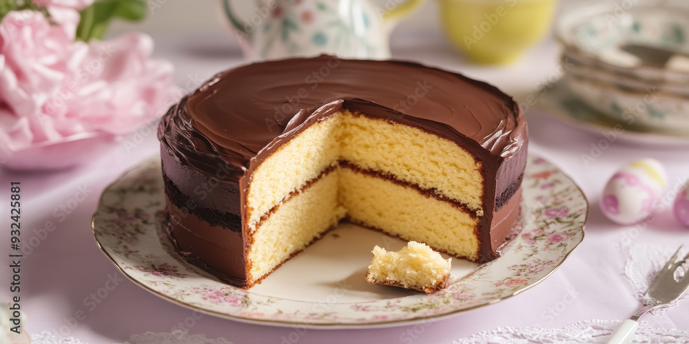 Wall mural delicious homemade boston cream cake on elegant tableware