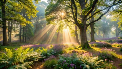 Obraz premium Misty morning sunbeams filter through ancient trees, illuminating a serene and vibrant forest landscape in the UK, with ferns and wildflowers carpeting the forest floor.