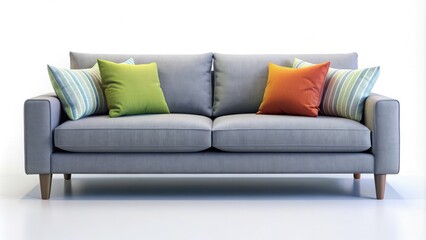 Modern 3D illustration of a stylish grey sofa with sleek lines and bold cushions against a minimalist white background, perfect for home decor designs.