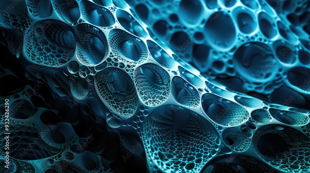 Poster abstract close-up of intricate blue bubbles showcasing unique textures and luminous patterns, perfec