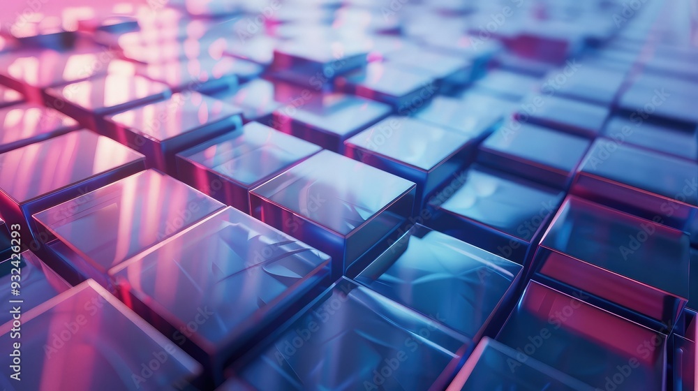 Poster abstract close-up of luminous glass blocks arranged in a grid pattern, reflecting vibrant colors and