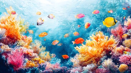 A vibrant coral reef teeming with tropical fish, captured in pastel watercolors, perfect for a child's room, full of colorful marine life and wonder