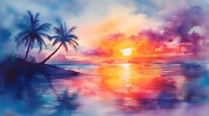Obraz premium Watercolor painting of a serene beach sunset with palm trees, in pastel tones, ideal for a child's room, capturing the peaceful end of a day