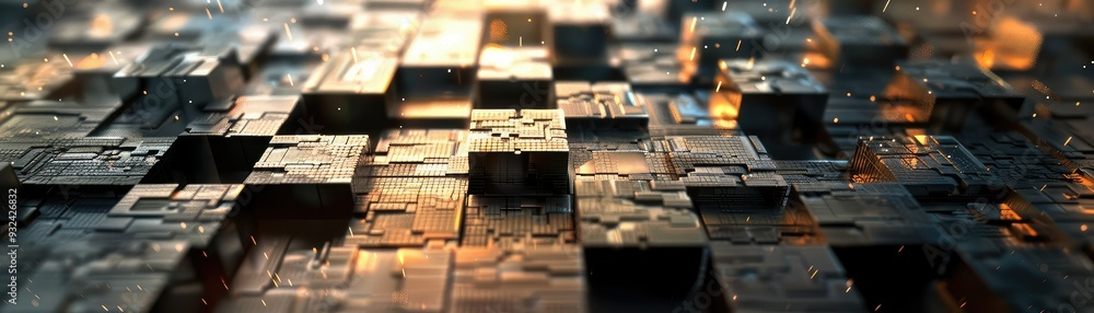 Poster abstract concept of metal cubes creating a dynamic and captivating surface with reflections and ligh