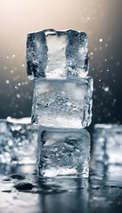 A close-up of stacked ice cubes with water droplets, creating a refreshing and cool atmosphere. The background features a soft gradient with sparkling light effects, enhancing the icy theme.