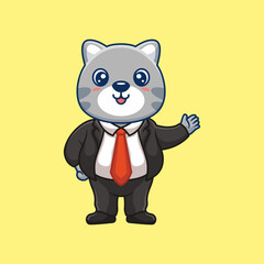 Cartoon business vector icon illustration cat waving hand, Animal business icon concept isolated