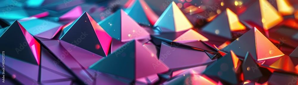 Poster abstract geometric landscape featuring colorful pyramids with vibrant hues and reflections, creating