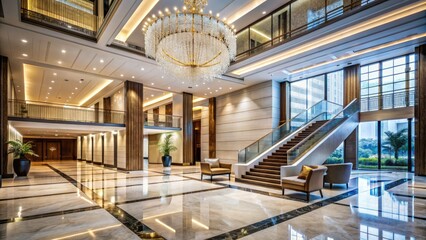 Fototapeta premium Modern Chinese business lobby with sleek marble floors, elegant chandeliers, and a stunning staircase, exuding luxury, sophistication, and professionalism in a corporate setting.