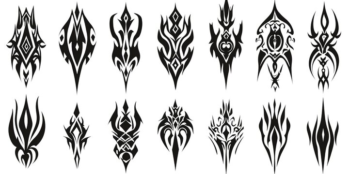 Tribal tattoo designs set. A collection of symmetrical black ink tribal patterns suitable for tattoos, decals, or graphic design. 