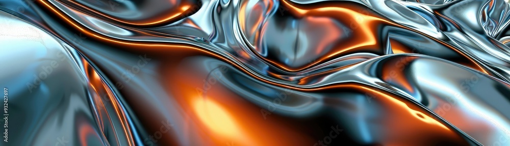Poster abstract metallic waves in silver and orange create a dynamic, fluid visual. perfect for modern desi