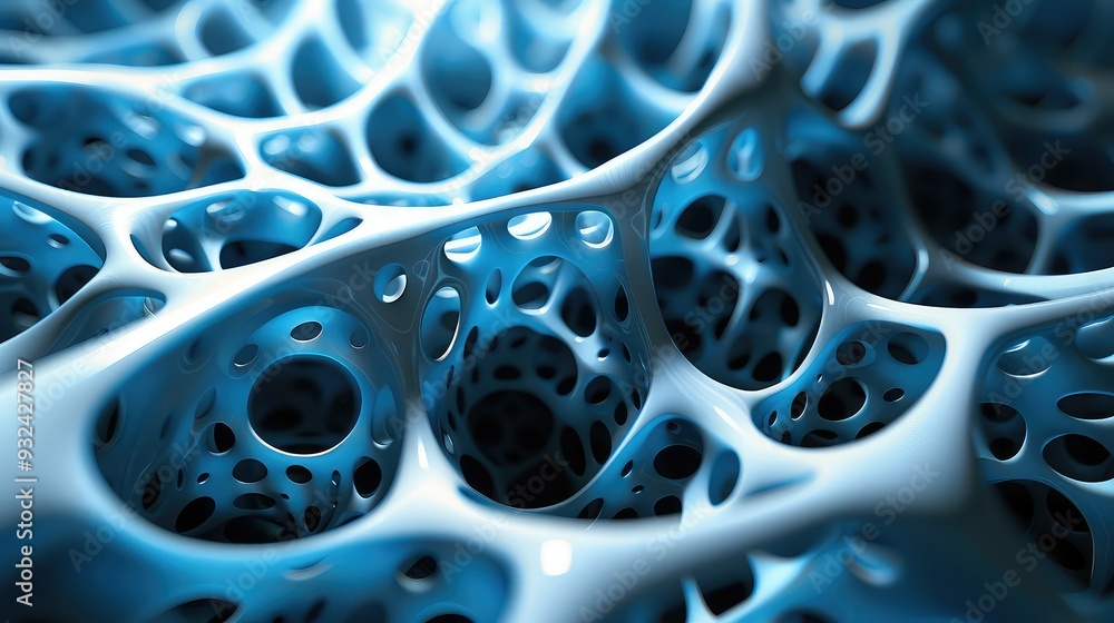 Poster abstract organic structure featuring intricate blue patterns and textures, resembling a cellular net