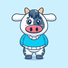 Cute cow creative kawaii wearing jacket cartoon vector icon