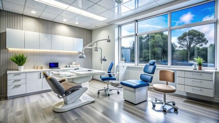 Modern dental clinic with state-of-the-art equipment and sleek interior design offers comprehensive services including routine cleanings, fillings, crowns, and oral surgery.