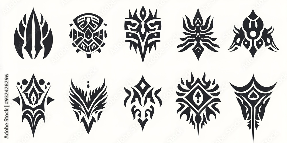 Sticker Tribal tattoo designs set. A collection of symmetrical black ink tribal patterns suitable for tattoos, decals, or graphic design.