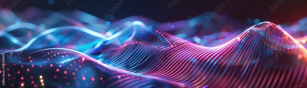 Poster abstract visualization of colorful waves with glowing lights, representing digital connections and m