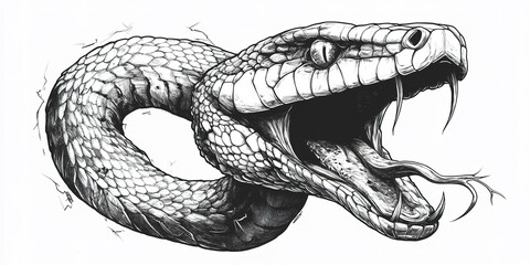 Obraz premium Black and white illustration of a fierce, open-mouthed snake with details. Perfect for tattoo design, art prints, and graphic projects. 