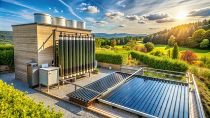 Fototapeta premium Modern eco-friendly heating system with pipes and solar panels on a rooftop, surrounded by lush greenery, promoting sustainable energy and environmental responsibility.