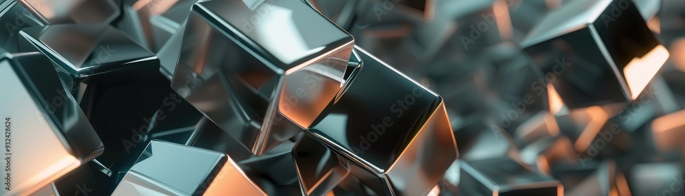 Poster an abstract composition of glossy metallic cubes reflecting light, creating a visually striking and 