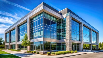Obraz premium Modern gray stone office building front facade with large glass windows, steel frame, and geometric patterns, set against a clear blue sky.