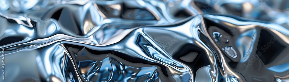 Poster close-up of crumpled metallic surface reflecting light, showcasing a dynamic interplay of texture an