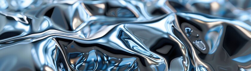 Fototapeta premium Close-up of crumpled metallic surface reflecting light, showcasing a dynamic interplay of texture and shine in abstract design.