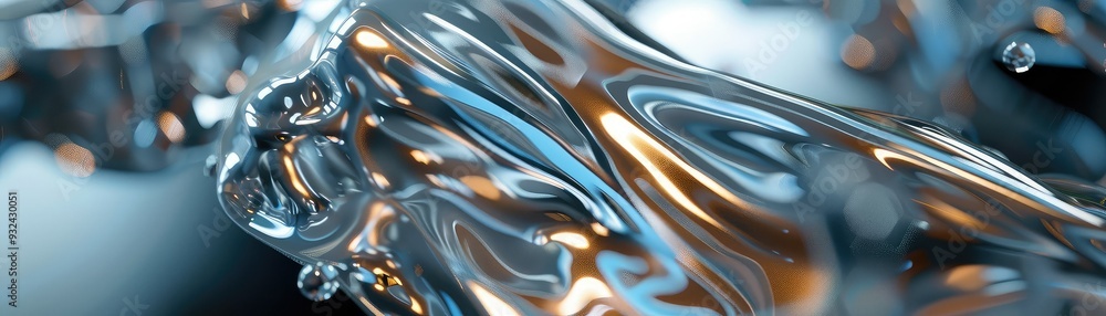 Poster close-up of flowing liquid with vivid reflections, showcasing the dynamic interplay of light and tex