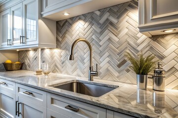 Modern kitchen faucet shines against a luxurious backdrop of white cabinets, marble herringbone tile backsplash, and rich granite countertop, exuding sophistication and elegance.