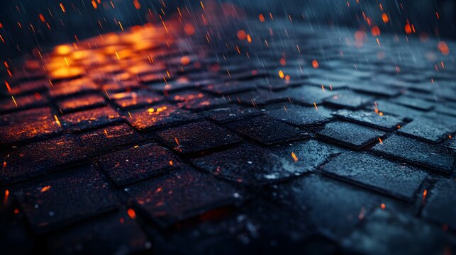 Hailstones scattered across a rooftop with indented shingles, captured in a dramatic 3D render with vibrant colors and high contrast, emphasizing the destructive force of nature
