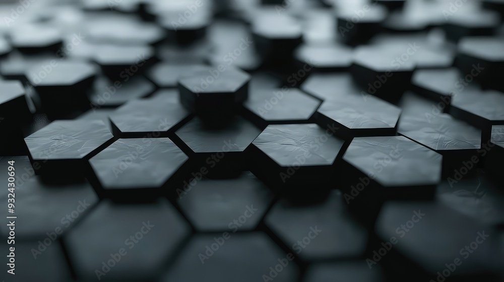 Poster close-up view of black hexagonal tiles in a modern, abstract pattern. perfect for backgrounds and de