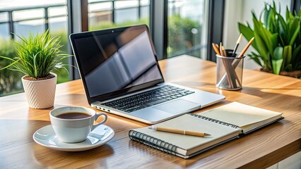 Modern laptop computer and business essentials including notebooks, pens, and a cup of coffee situated on a tidy and organized office desk workspace.