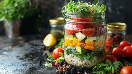 Three glass jars with layering various vegan salads for healthy lunch. The concept of fitness and vegetarian food