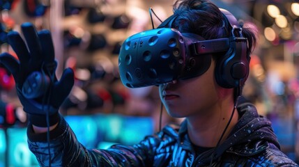 A man wearing a VR headset is playing a video game